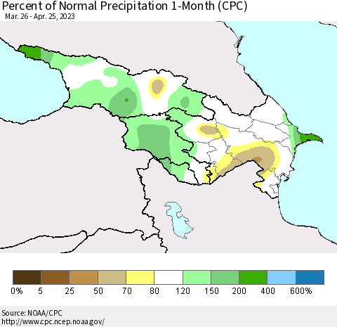 Azerbaijan, Armenia and Georgia Percent of Normal Precipitation 1-Month (CPC) Thematic Map For 3/26/2023 - 4/25/2023