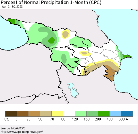 Azerbaijan, Armenia and Georgia Percent of Normal Precipitation 1-Month (CPC) Thematic Map For 4/1/2023 - 4/30/2023