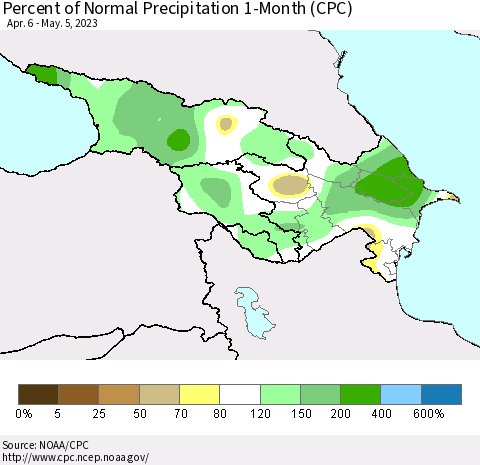Azerbaijan, Armenia and Georgia Percent of Normal Precipitation 1-Month (CPC) Thematic Map For 4/6/2023 - 5/5/2023