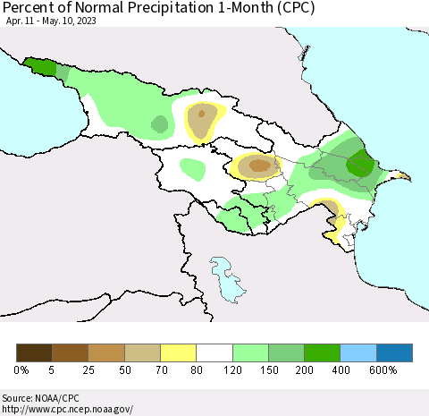 Azerbaijan, Armenia and Georgia Percent of Normal Precipitation 1-Month (CPC) Thematic Map For 4/11/2023 - 5/10/2023