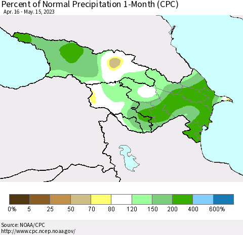 Azerbaijan, Armenia and Georgia Percent of Normal Precipitation 1-Month (CPC) Thematic Map For 4/16/2023 - 5/15/2023