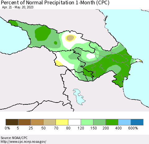 Azerbaijan, Armenia and Georgia Percent of Normal Precipitation 1-Month (CPC) Thematic Map For 4/21/2023 - 5/20/2023