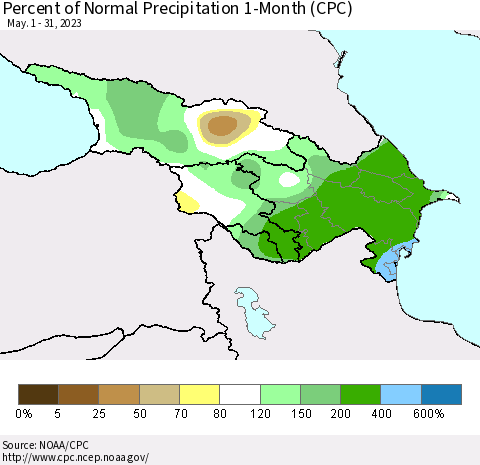 Azerbaijan, Armenia and Georgia Percent of Normal Precipitation 1-Month (CPC) Thematic Map For 5/1/2023 - 5/31/2023