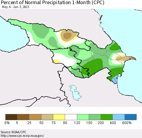 Azerbaijan, Armenia and Georgia Percent of Normal Precipitation 1-Month (CPC) Thematic Map For 5/6/2023 - 6/5/2023