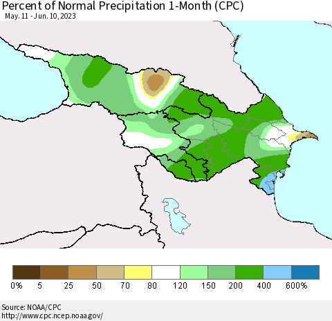 Azerbaijan, Armenia and Georgia Percent of Normal Precipitation 1-Month (CPC) Thematic Map For 5/11/2023 - 6/10/2023