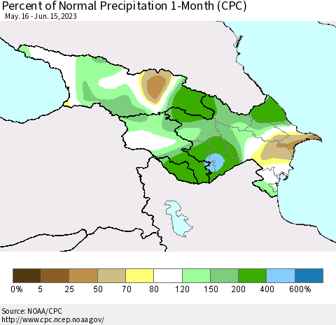 Azerbaijan, Armenia and Georgia Percent of Normal Precipitation 1-Month (CPC) Thematic Map For 5/16/2023 - 6/15/2023