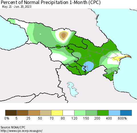 Azerbaijan, Armenia and Georgia Percent of Normal Precipitation 1-Month (CPC) Thematic Map For 5/21/2023 - 6/20/2023