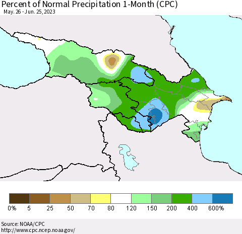 Azerbaijan, Armenia and Georgia Percent of Normal Precipitation 1-Month (CPC) Thematic Map For 5/26/2023 - 6/25/2023