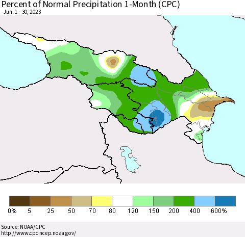 Azerbaijan, Armenia and Georgia Percent of Normal Precipitation 1-Month (CPC) Thematic Map For 6/1/2023 - 6/30/2023