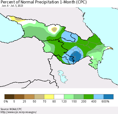 Azerbaijan, Armenia and Georgia Percent of Normal Precipitation 1-Month (CPC) Thematic Map For 6/6/2023 - 7/5/2023