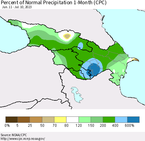 Azerbaijan, Armenia and Georgia Percent of Normal Precipitation 1-Month (CPC) Thematic Map For 6/11/2023 - 7/10/2023