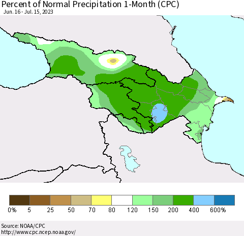 Azerbaijan, Armenia and Georgia Percent of Normal Precipitation 1-Month (CPC) Thematic Map For 6/16/2023 - 7/15/2023