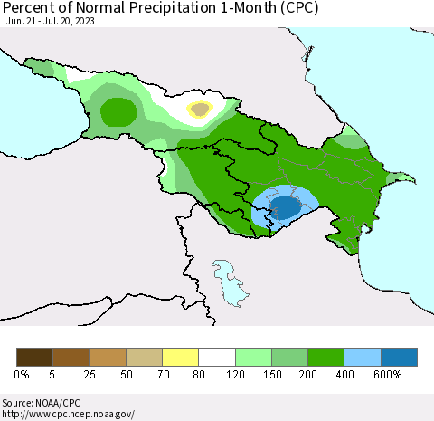 Azerbaijan, Armenia and Georgia Percent of Normal Precipitation 1-Month (CPC) Thematic Map For 6/21/2023 - 7/20/2023