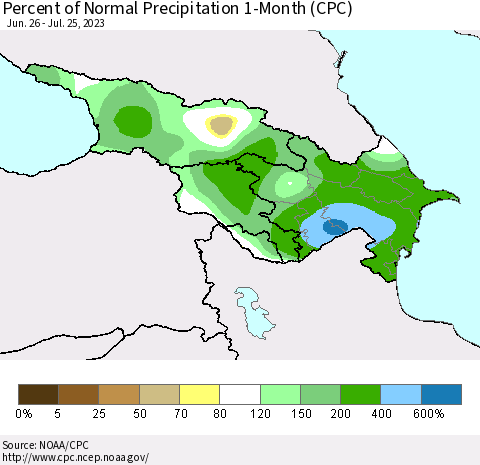 Azerbaijan, Armenia and Georgia Percent of Normal Precipitation 1-Month (CPC) Thematic Map For 6/26/2023 - 7/25/2023