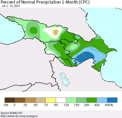 Azerbaijan, Armenia and Georgia Percent of Normal Precipitation 1-Month (CPC) Thematic Map For 7/1/2023 - 7/31/2023
