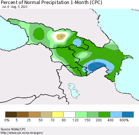 Azerbaijan, Armenia and Georgia Percent of Normal Precipitation 1-Month (CPC) Thematic Map For 7/6/2023 - 8/5/2023