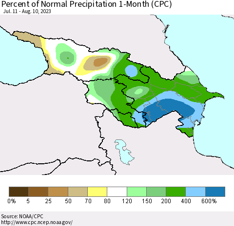Azerbaijan, Armenia and Georgia Percent of Normal Precipitation 1-Month (CPC) Thematic Map For 7/11/2023 - 8/10/2023