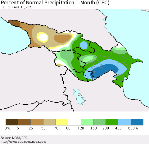 Azerbaijan, Armenia and Georgia Percent of Normal Precipitation 1-Month (CPC) Thematic Map For 7/16/2023 - 8/15/2023