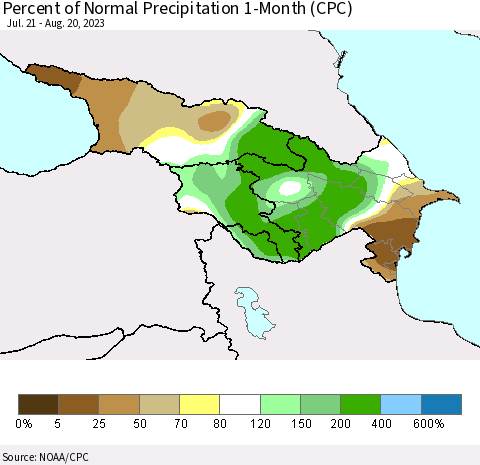 Azerbaijan, Armenia and Georgia Percent of Normal Precipitation 1-Month (CPC) Thematic Map For 7/21/2023 - 8/20/2023