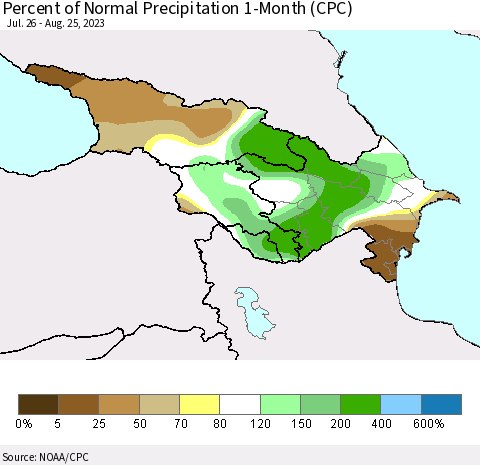 Azerbaijan, Armenia and Georgia Percent of Normal Precipitation 1-Month (CPC) Thematic Map For 7/26/2023 - 8/25/2023