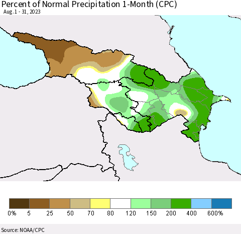 Azerbaijan, Armenia and Georgia Percent of Normal Precipitation 1-Month (CPC) Thematic Map For 8/1/2023 - 8/31/2023
