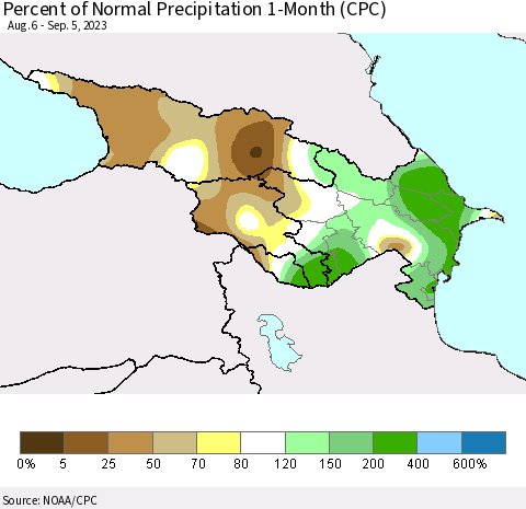 Azerbaijan, Armenia and Georgia Percent of Normal Precipitation 1-Month (CPC) Thematic Map For 8/6/2023 - 9/5/2023