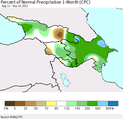 Azerbaijan, Armenia and Georgia Percent of Normal Precipitation 1-Month (CPC) Thematic Map For 8/11/2023 - 9/10/2023