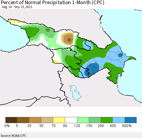 Azerbaijan, Armenia and Georgia Percent of Normal Precipitation 1-Month (CPC) Thematic Map For 8/16/2023 - 9/15/2023