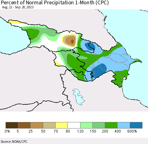 Azerbaijan, Armenia and Georgia Percent of Normal Precipitation 1-Month (CPC) Thematic Map For 8/21/2023 - 9/20/2023