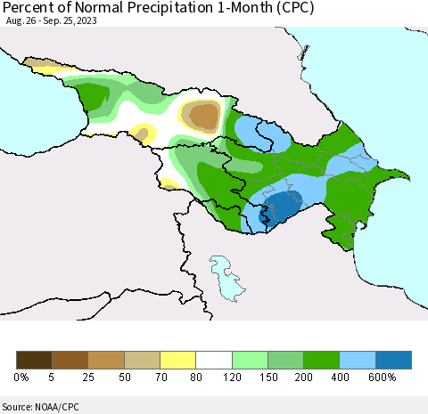 Azerbaijan, Armenia and Georgia Percent of Normal Precipitation 1-Month (CPC) Thematic Map For 8/26/2023 - 9/25/2023