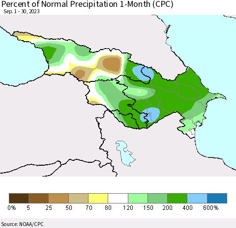 Azerbaijan, Armenia and Georgia Percent of Normal Precipitation 1-Month (CPC) Thematic Map For 9/1/2023 - 9/30/2023
