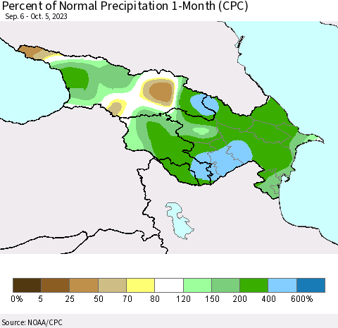 Azerbaijan, Armenia and Georgia Percent of Normal Precipitation 1-Month (CPC) Thematic Map For 9/6/2023 - 10/5/2023