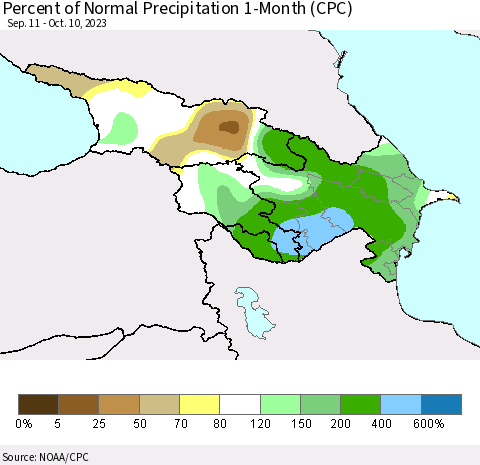 Azerbaijan, Armenia and Georgia Percent of Normal Precipitation 1-Month (CPC) Thematic Map For 9/11/2023 - 10/10/2023