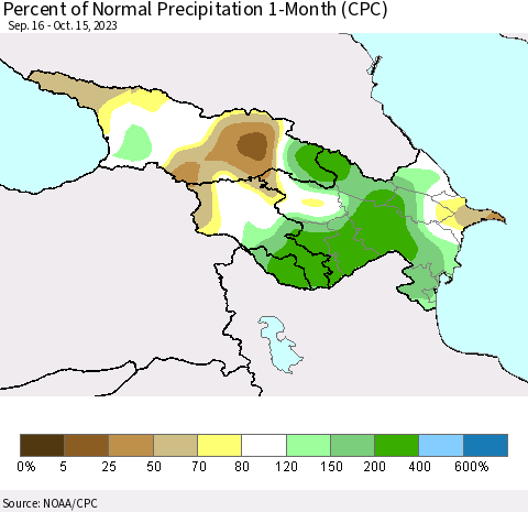 Azerbaijan, Armenia and Georgia Percent of Normal Precipitation 1-Month (CPC) Thematic Map For 9/16/2023 - 10/15/2023