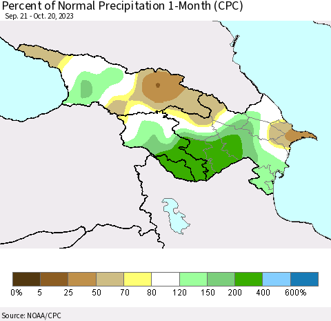 Azerbaijan, Armenia and Georgia Percent of Normal Precipitation 1-Month (CPC) Thematic Map For 9/21/2023 - 10/20/2023