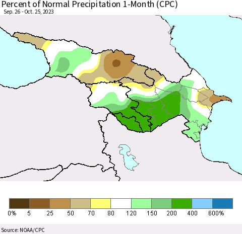 Azerbaijan, Armenia and Georgia Percent of Normal Precipitation 1-Month (CPC) Thematic Map For 9/26/2023 - 10/25/2023
