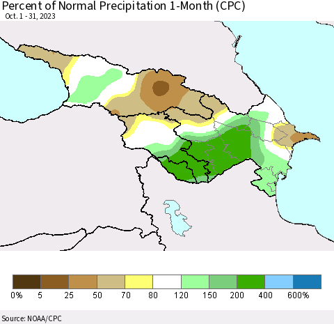Azerbaijan, Armenia and Georgia Percent of Normal Precipitation 1-Month (CPC) Thematic Map For 10/1/2023 - 10/31/2023