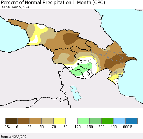 Azerbaijan, Armenia and Georgia Percent of Normal Precipitation 1-Month (CPC) Thematic Map For 10/6/2023 - 11/5/2023