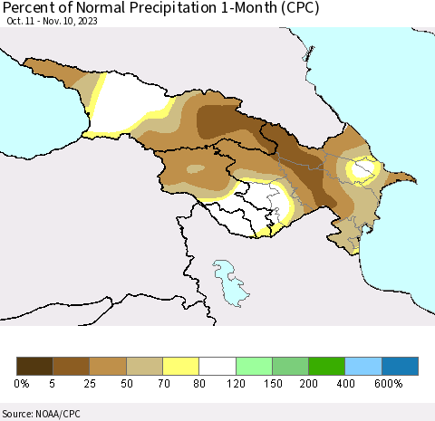 Azerbaijan, Armenia and Georgia Percent of Normal Precipitation 1-Month (CPC) Thematic Map For 10/11/2023 - 11/10/2023