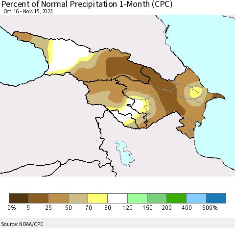 Azerbaijan, Armenia and Georgia Percent of Normal Precipitation 1-Month (CPC) Thematic Map For 10/16/2023 - 11/15/2023