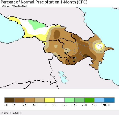 Azerbaijan, Armenia and Georgia Percent of Normal Precipitation 1-Month (CPC) Thematic Map For 10/21/2023 - 11/20/2023