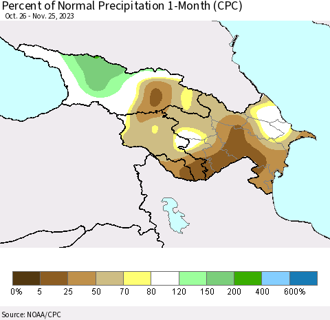 Azerbaijan, Armenia and Georgia Percent of Normal Precipitation 1-Month (CPC) Thematic Map For 10/26/2023 - 11/25/2023
