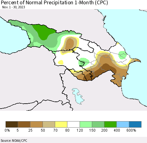 Azerbaijan, Armenia and Georgia Percent of Normal Precipitation 1-Month (CPC) Thematic Map For 11/1/2023 - 11/30/2023