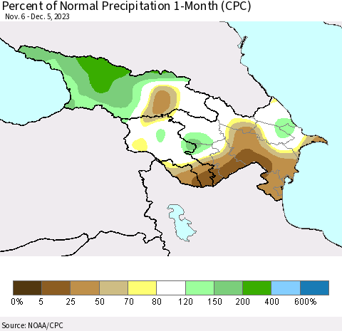 Azerbaijan, Armenia and Georgia Percent of Normal Precipitation 1-Month (CPC) Thematic Map For 11/6/2023 - 12/5/2023