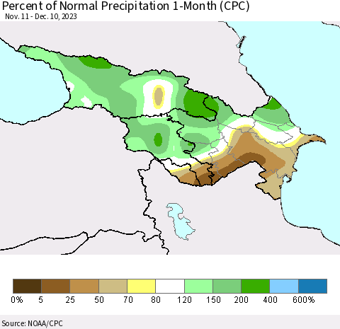 Azerbaijan, Armenia and Georgia Percent of Normal Precipitation 1-Month (CPC) Thematic Map For 11/11/2023 - 12/10/2023
