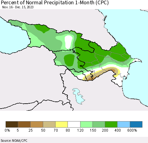 Azerbaijan, Armenia and Georgia Percent of Normal Precipitation 1-Month (CPC) Thematic Map For 11/16/2023 - 12/15/2023