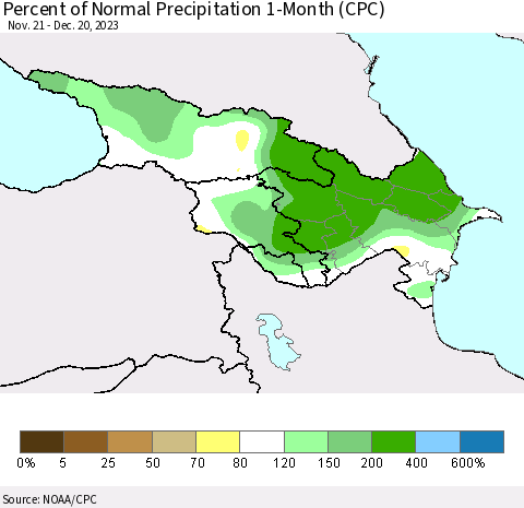 Azerbaijan, Armenia and Georgia Percent of Normal Precipitation 1-Month (CPC) Thematic Map For 11/21/2023 - 12/20/2023