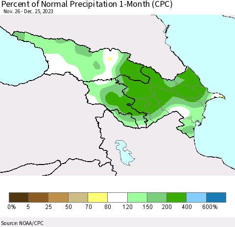 Azerbaijan, Armenia and Georgia Percent of Normal Precipitation 1-Month (CPC) Thematic Map For 11/26/2023 - 12/25/2023