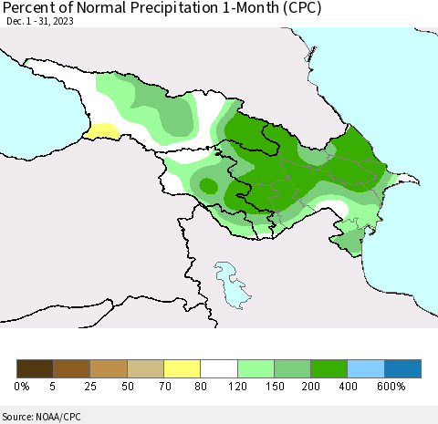 Azerbaijan, Armenia and Georgia Percent of Normal Precipitation 1-Month (CPC) Thematic Map For 12/1/2023 - 12/31/2023