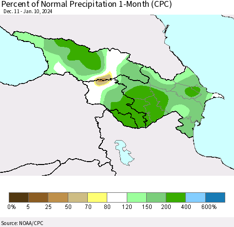 Azerbaijan, Armenia and Georgia Percent of Normal Precipitation 1-Month (CPC) Thematic Map For 12/11/2023 - 1/10/2024